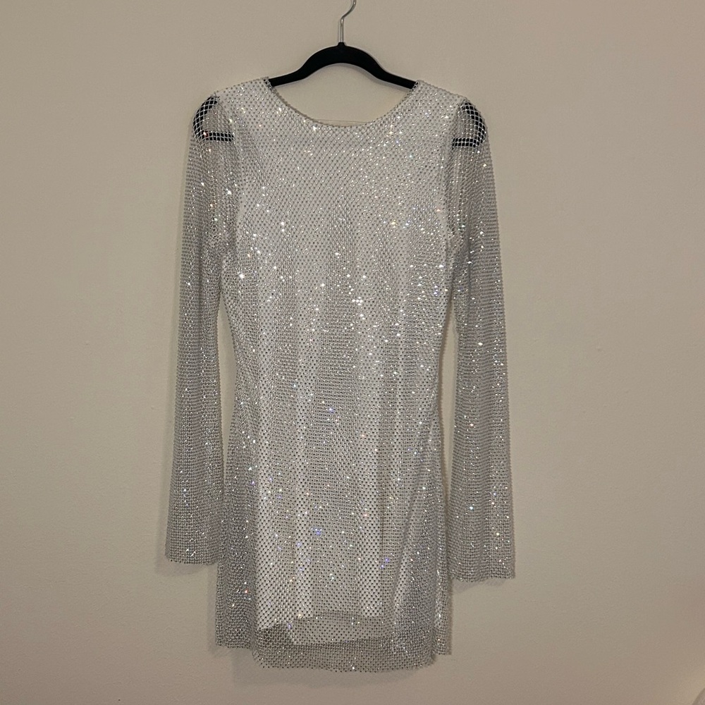 Silver Sequin Long Sleeve Dress - Elegant Evening Mini